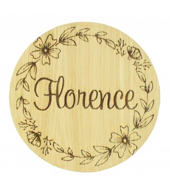 Laser Cut Oak Veneer Personalised Birth Announcement Plaque - Name with Floral Frame
